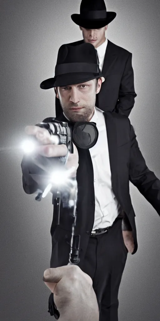 Image similar to serious looking man in a black suit and black fedora hat. he has a big silver gun, 4 k, atmospheric, epic scene, strong shadows, high contrast