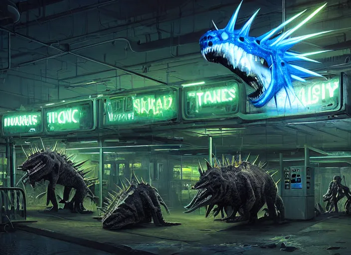 Prompt: scene inside a gas station with harsh fluorescent blue-white-green industrial lighting, giant monstrous aggressive spiked creature screaming at the camera, spikes like needles, needles, thin spikes, epic science fiction horror digital matte painting by Steve Henderson and Mark Brooks (and Greg Rutkowski), extremely detailed, artstation