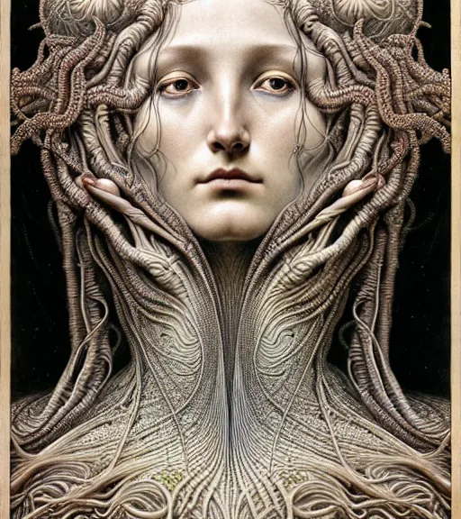 Prompt: detailed realistic beautiful goddess face portrait by jean delville, gustave dore, iris van herpen and marco mazzoni, art forms of nature by ernst haeckel, art nouveau, symbolist, visionary, gothic, neo - gothic, pre - raphaelite, fractal lace, intricate alien botanicals, ai biodiversity, surreality, hyperdetailed ultrasharp octane render