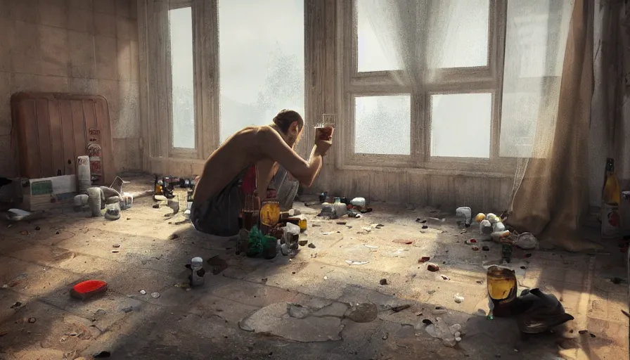 Prompt: homeless man drinking beers in an old abandoned motel, heat wave, sunlight through broken windows, curtains on the dusty floor, bottles, hyperdetailed, artstation, cgsociety, 8 k