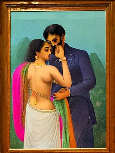 Image similar to water color painting, artwork by raja ravi varma, of a solo individual portrait of a guy and a girl in love, dapper, simple illustration, nostalgic, in love, full of details