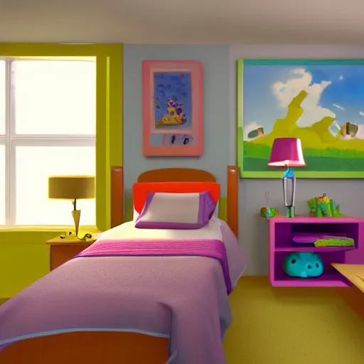 Prompt: Film still of a childrens bedroom by Pixar