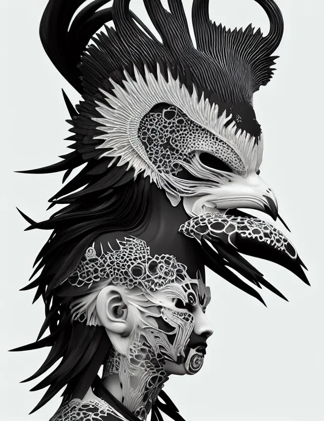 Image similar to 3 d goddess close - up profile simple portrait punk with mohawk with ram skull. beautiful intricately detailed japanese crow kitsune mask and clasical japanese kimono. betta fish, jellyfish phoenix, bio luminescent, plasma, ice, water, wind, creature, artwork by tooth wu and wlop and beeple and greg rutkowski