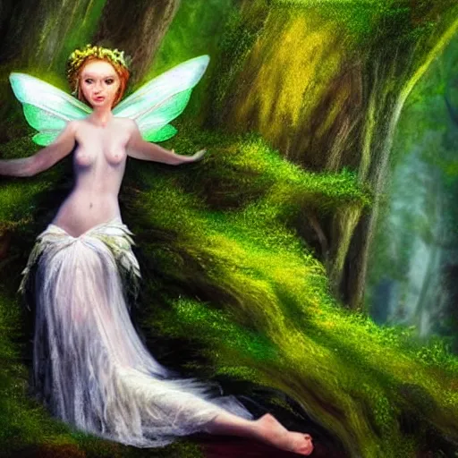 Image similar to epic oil painting of a beautiful fairy with a beautiful face and flawless skin wearing a gauze dress, landing on a mushroom in the forest, moss, fog