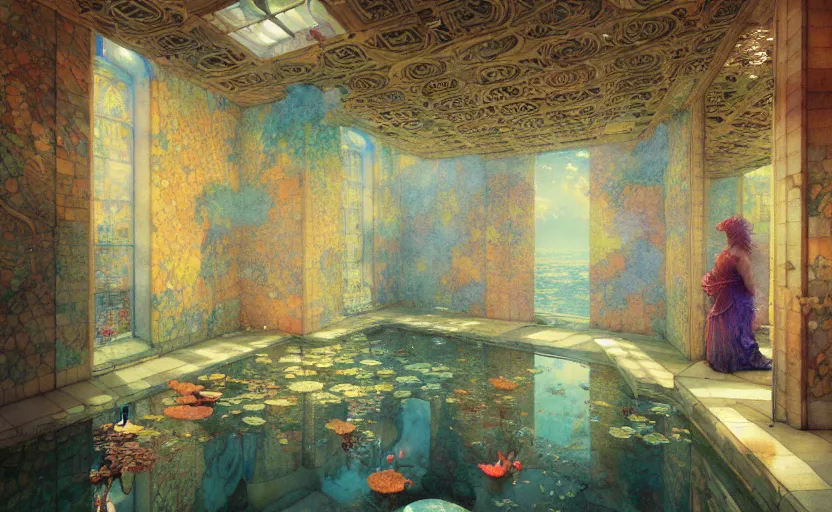 Image similar to tiled room squared waterway, fantasy. intricate, amazing composition, colorful watercolor, by ruan jia, by maxfield parrish, by marc simonetti, by hikari shimoda, by robert hubert, by zhang kechun, illustration, gloomy