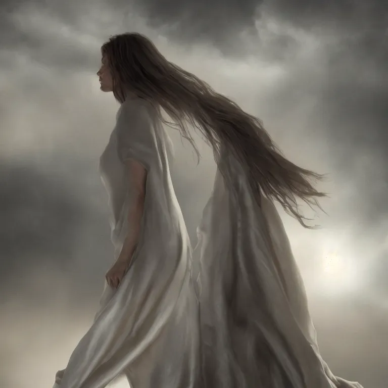 Prompt: octane render portrait by wayne barlow and carlo crivelli and glenn fabry, a woman wearing a giant huge long flowing billowing sheet of white silk, standing in a dark and moody beautiful western landscape, volumetric lighting, fog and mist, cinema 4 d, ray traced lighting, very short depth of field, bokeh
