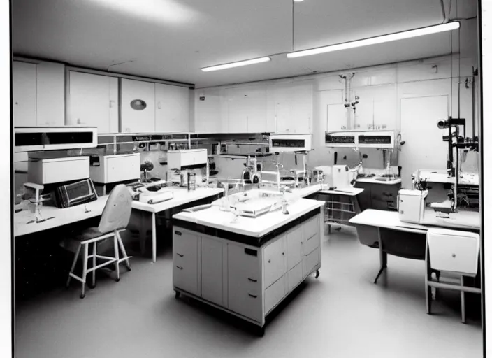 Image similar to realistic interior photo of wooden science laboratory, with white plastic appliances 1 9 9 0, life magazine photo