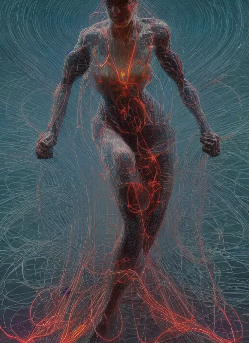 Image similar to Wanda Maximoff, dynamic pose, glowing, wires everywhere, by Edgar Maxence and Ross Tran, Zdzisław Beksiński, and Michael Whelan, distant, gustav dore, H.R. Giger, 8k, octane render