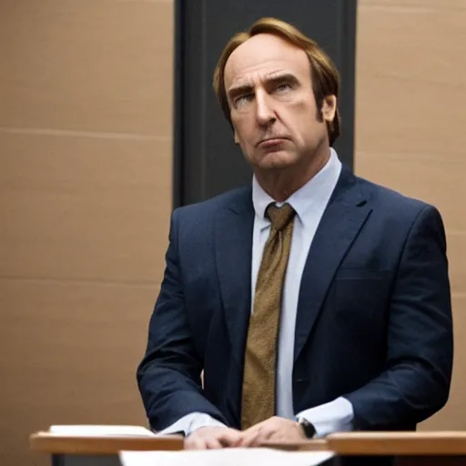 Prompt: saul goodman doing t - pose in courtroom to intimidate prosector