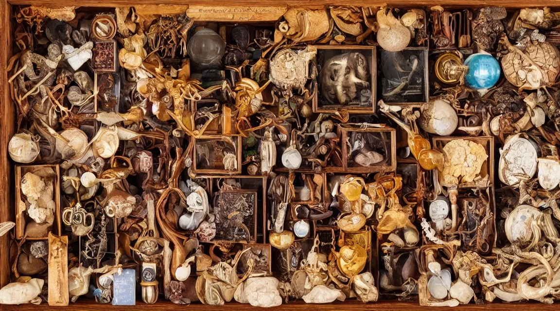 Image similar to wooden box with cabinet of curiosities neatly ordenend with strange natural artifacts and wonders of the world, photo realistic, professional photo, by Steve McCurry