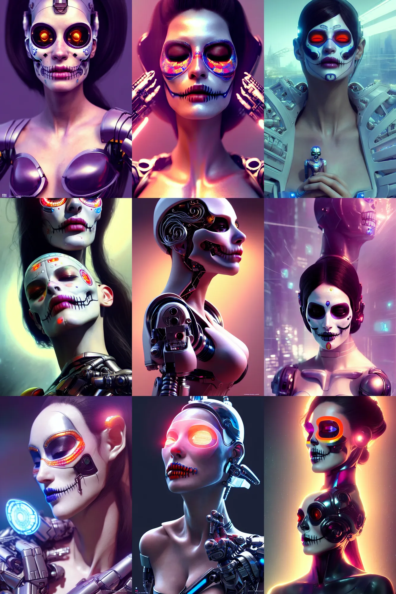 Image similar to beautiful android woman, eyes closed, photorealistic, 3 d model, cyborg, postcyberpunk, octane render, concept art, global illumination, vogue, 8 k, intricate detailed environment ( ( el dia los muertos ) ). by terry oneill and artgerm and kuciara and mucha