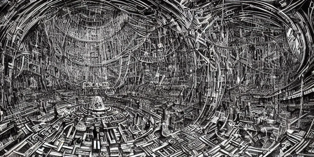 Prompt: labyrinth megastructure in the style of heironymus bosch, dark intricate masterpiece, hyper detailed, hd