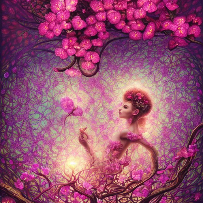 Image similar to extremely psychedelic lattice made of orchid and cherry blossom and musroom, LSD, diffuse lighting, fantasy, intricate, elegant, highly detailed, lifelike, photorealistic, digital painting, artstation, illustration, concept art, smooth, sharp focus, art by John Collier and Albert Aublet and Krenz Cushart and Artem Demura and Alphonse Mucha