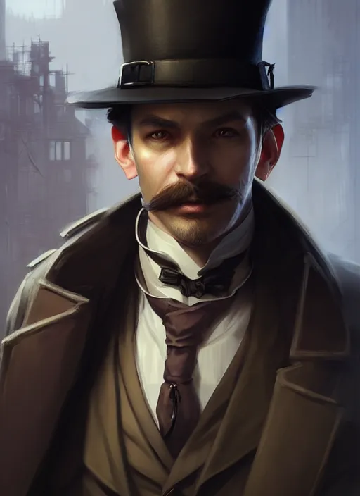 Image similar to character concept art of a victorian detective, key visual, realistic shaded perfect face, fine details, dystopian environment, by stanley artgerm lau, wlop, rossdraws, james jean, andrei riabovitchev, marc simonetti, and sakimichan, trending on artstation