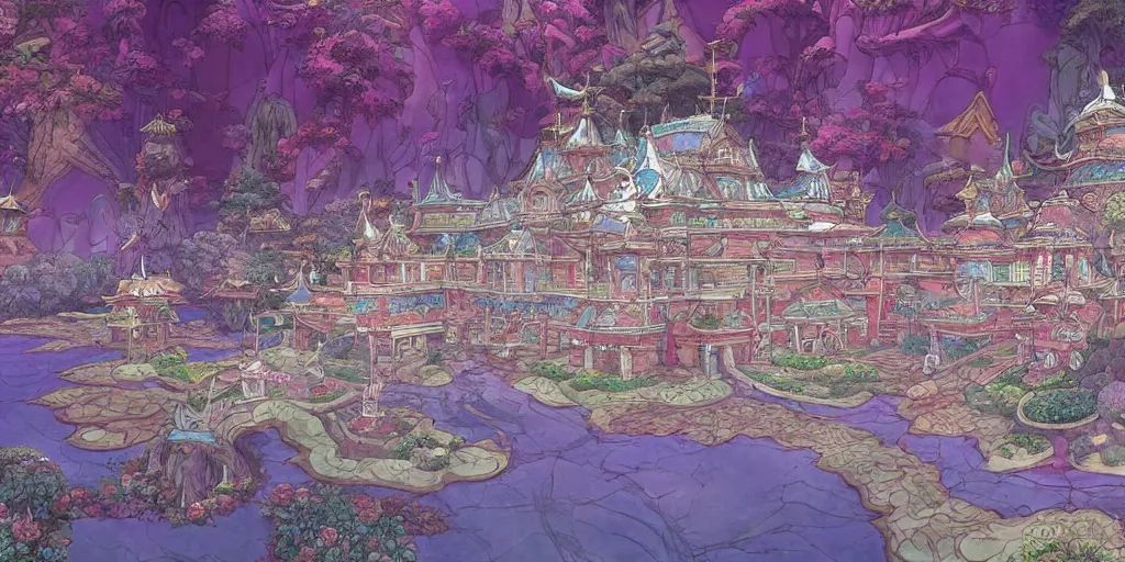 Prompt: beautifully detailed painting of a dreamy psychedelic Palace by studio ghibli , moebius, FFXIV environment design