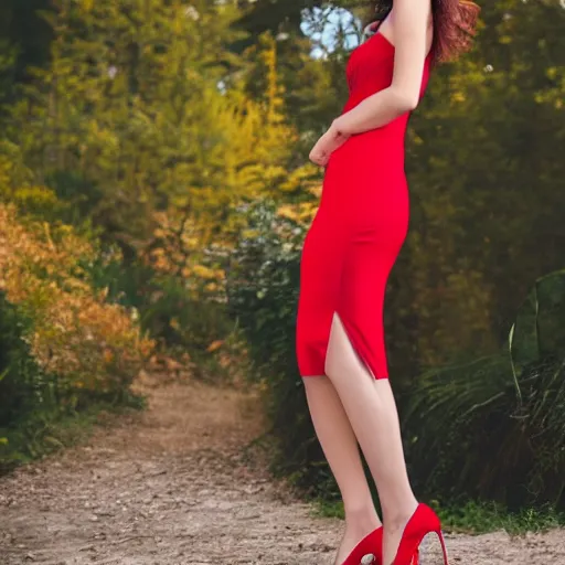 Image similar to photo of slim girl model, brunette, smiling , 20yo, wearing a red dress with high slit, the girl is wearing high heels, high detail, studio, sharp, 85mm sigma art lens
