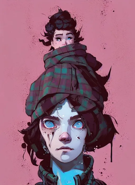 Image similar to highly detailed portrait of a sewer punk lady student, blue eyes, tartan hoody, curly hair by atey ghailan, by greg rutkowski, by greg tocchini, by james gilleard, by joe fenton, by kaethe butcher, gradient pink, brown, light blue and white color scheme, grunge aesthetic!!! ( ( graffiti tag wall background ) )