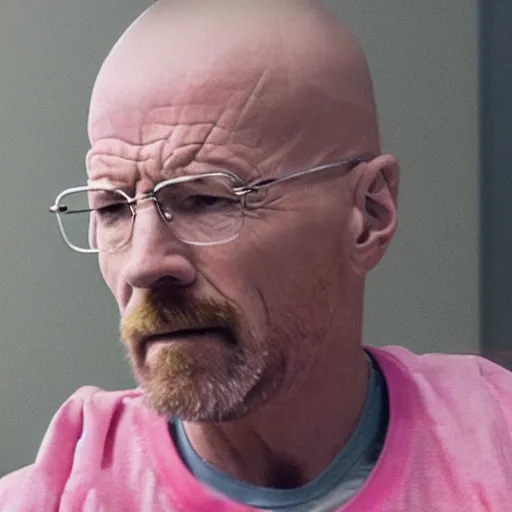 Image similar to close up, cropped award winning photo of walter white wearing pink headphones and shouting, incredibly detailed, sharp focus, hyper realistic