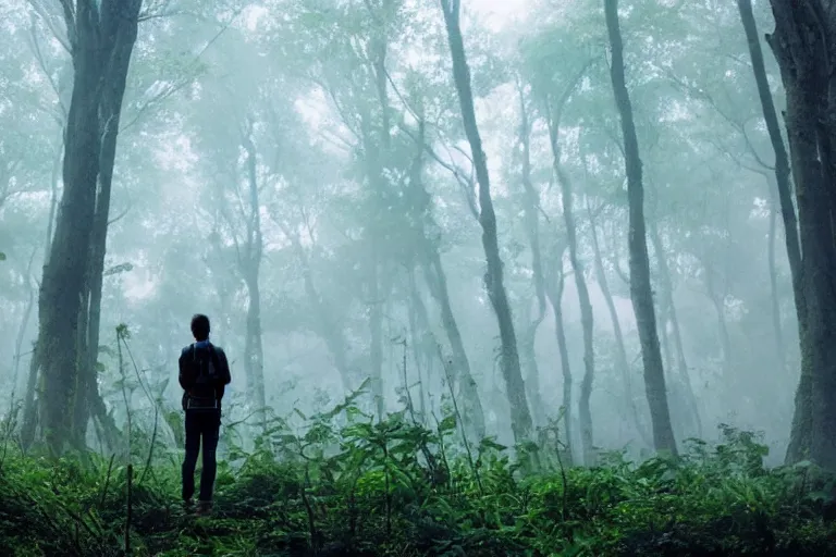 Prompt: a hiker staring at a complex organic fractal 3 d ceramic sphere floating in a lush forest, foggy, cinematic shot, photo still from movie by denis villeneuve