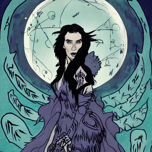 Image similar to jennifer connelly as gothic dark fae disney villain with black feathers instead of hair, feathers growing out of skin, space station, zero gravity, pulp sci fi, mike mignola, comic book cover, vivid, beautiful, illustration, highly detailed