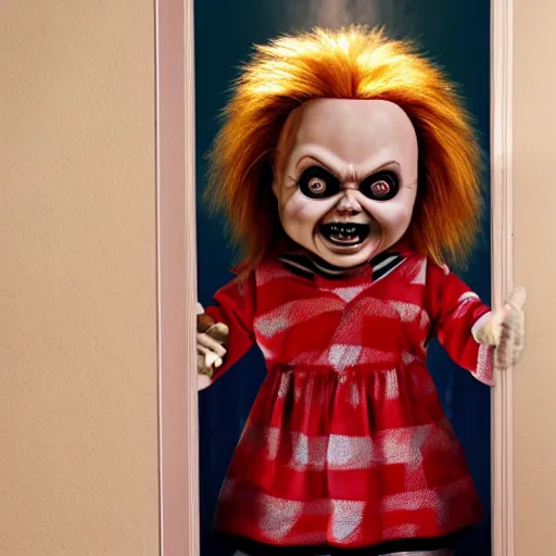 Image similar to chucky the killer doll standing in the room