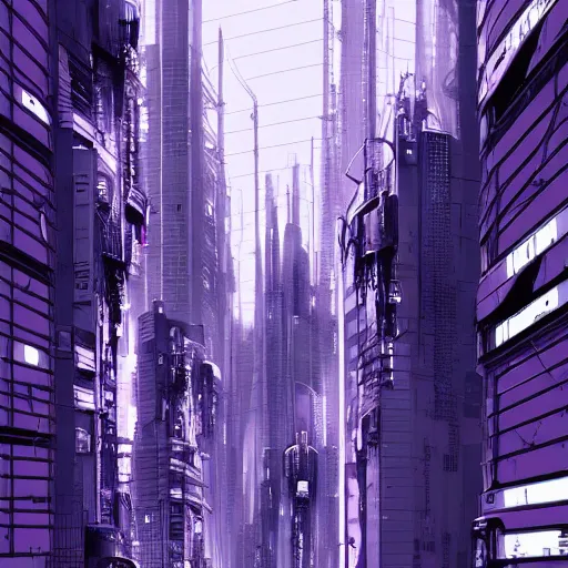 Image similar to Futuristic Concrete Dense Tokyo in style of Tsutomu Nihei in purple and black tones. ArtStation, Cyberpunk, vertical symmetry, 8K, Highly Detailed, Intricate, Album Art.