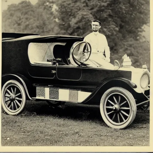 Image similar to an oldie car with wings and horse black-white retro photo 1910, man in front