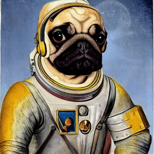 Prompt: a 15th century astronaut pug painted by Rembrandt –g –H 1024 –W 1024 –n 4 –s 150