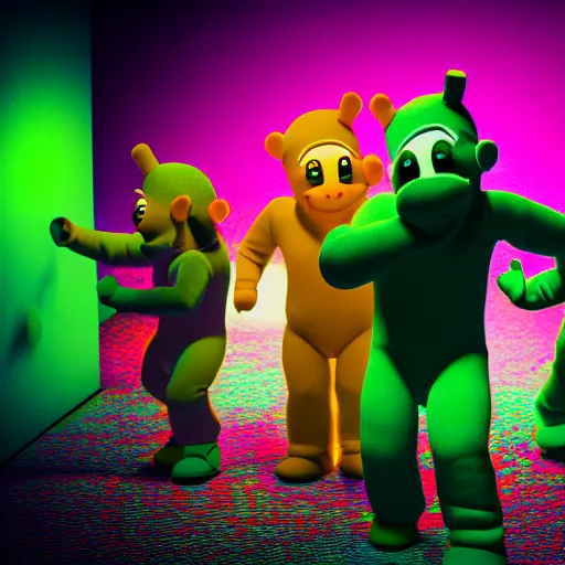 Image similar to hyperrealistic film still of teletubby rave, stunning 3 d render, neon cyberpunk cinematic lighting, 8 k octane comprehensive render, extremely hyper - detailed, incredibly realistic, intricate, masterpiece