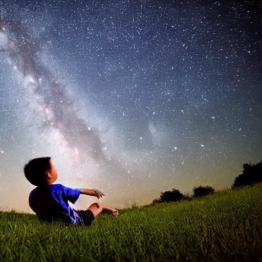 Prompt: a boy lays on a grassy field and stares up at a detailed dark, night sky filled with stars