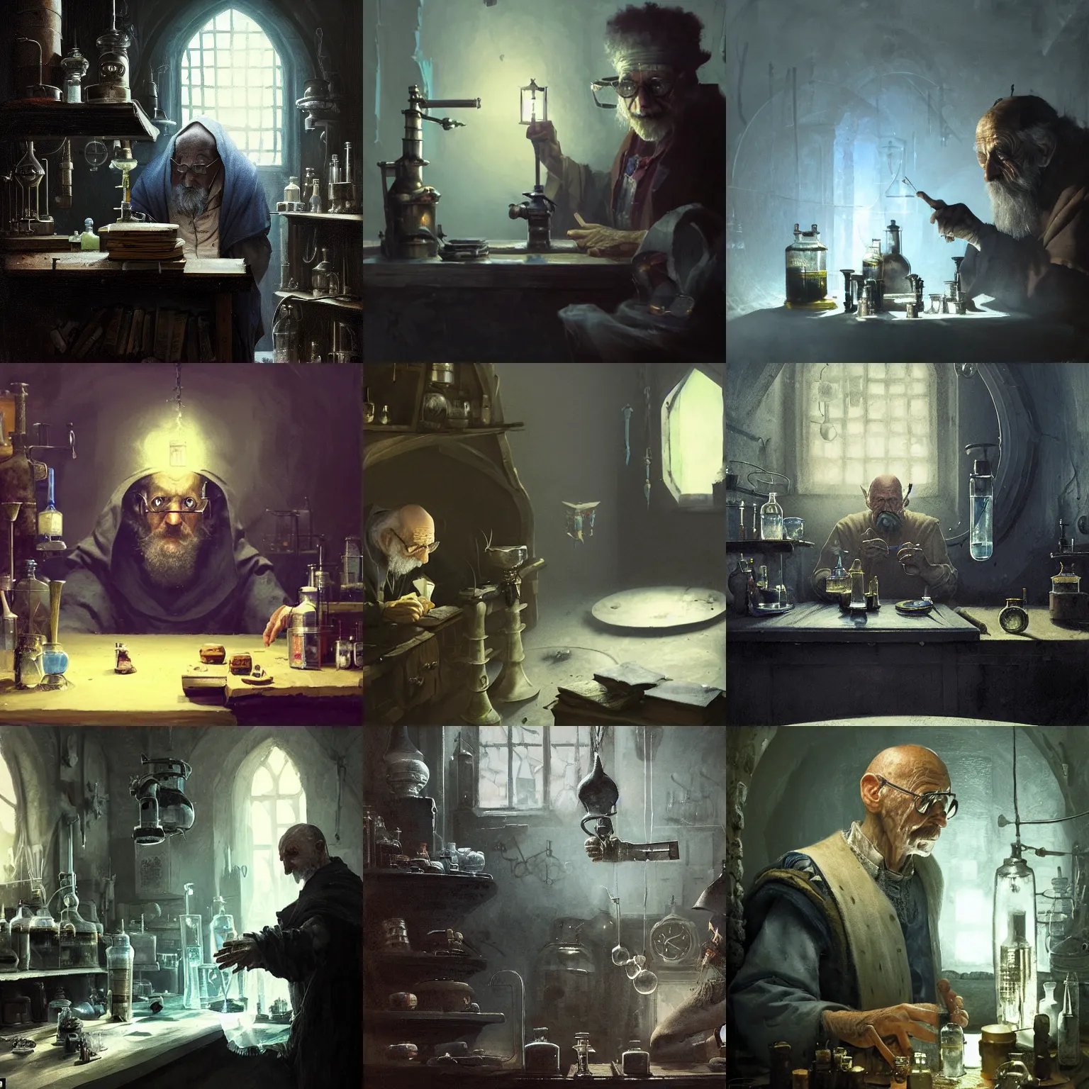 Prompt: a cautious, enigmatic old alchemist in his allchemist laboratory, fantasy, magical, mystical, sharp focus, close up, dark shadows, blueish spot light, character concept art by jakub rozalski, jan matejko, and j. dickenson