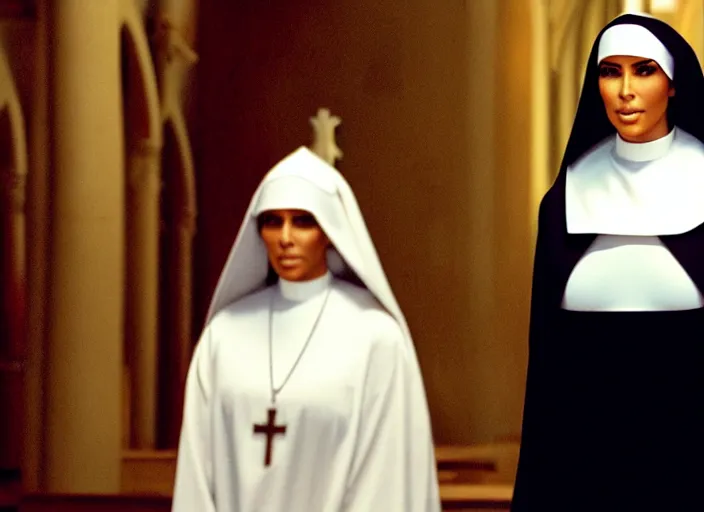 Image similar to a film still of kim kardashian as a nun with her bust slightly exposed. backround : church interior
