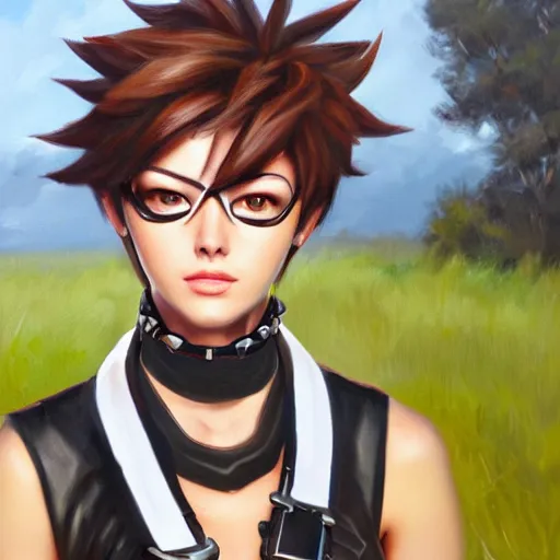 Prompt: oil painting of tracer overwatch in a field wearing spiked collar around neck, in style of steve henderson, wearing black choker, expressive face, detailed face, detailed eyes, full body, feminine face, tracer overwatch,