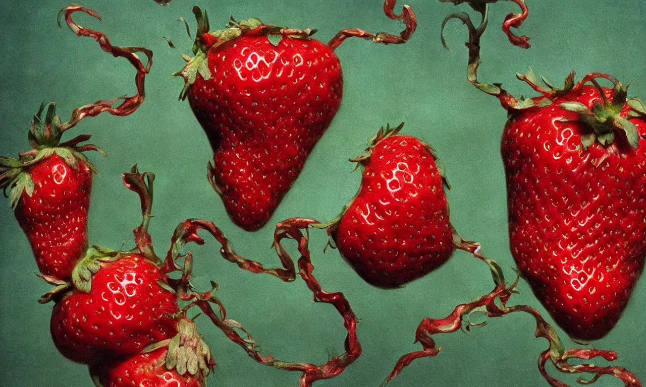 Prompt: a strawberry, body horror, by gerard brom, zdzisław beksinski and ansel adams technicolor photograph film still