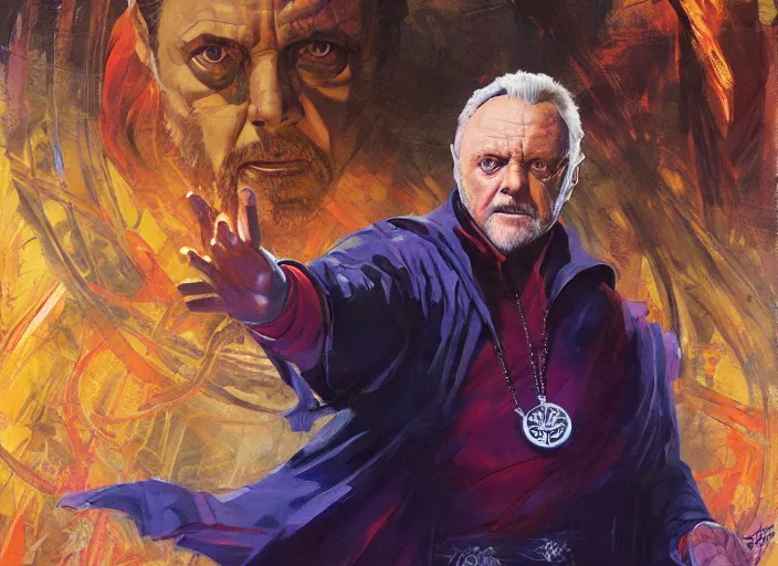 Image similar to a highly detailed beautiful portrait of anthony hopkins as dr strange, by gregory manchess, james gurney, james jean