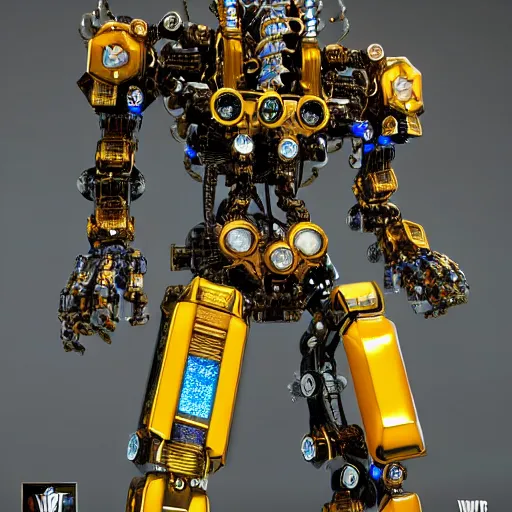 Image similar to a intricate ornate boxing humanoid mecha, punk, by war robots, real steel ( 2 0 1 1 ), westworld and pacific rim movie and ps 5 game machine warrior 5, cryengine, frostbite 3 engine, blue and yellow scheme, sharp focus, 8 k, high definition, insanely detailed, soft lighting, smooth face