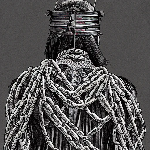 Image similar to A PORTRAIT FROM BEHIND OF A SAMURAI ,THE THE MAN IS WRAPPED IN CHAINS ,detailed, concept art, ink style , sketch