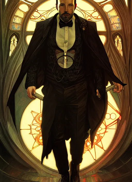 Image similar to portrait of ben affleck, volumetric lights, feast, music notes, art nouveau botanicals, gothic, intricate, highly detailed, digital painting, artstation, concept art, smooth, sharp focus, symmetric face, illustration, steampunk, art by artgerm and greg rutkowski and alphonse mucha