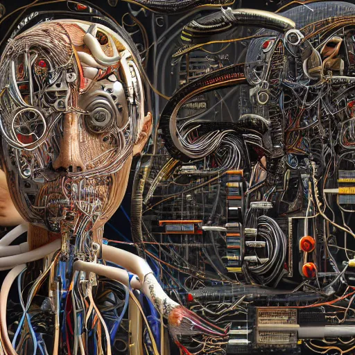 Image similar to wiring of a cyborg, eclectic, intricate, highly detailed, 8k