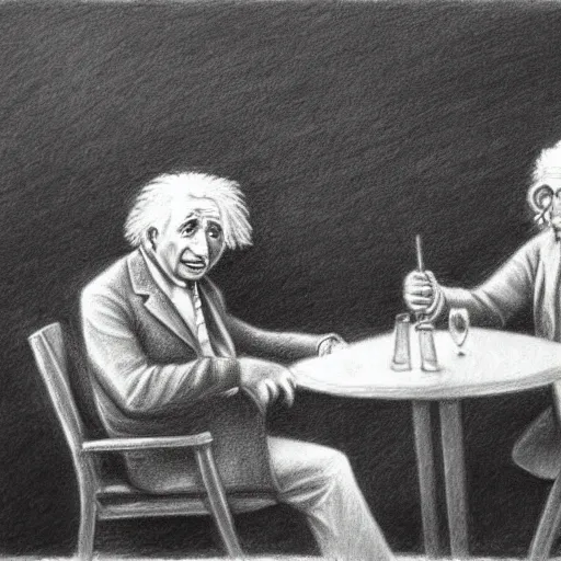 Prompt: Einstein and Newton sitting at cafe, pencil drawing, ultra detailed