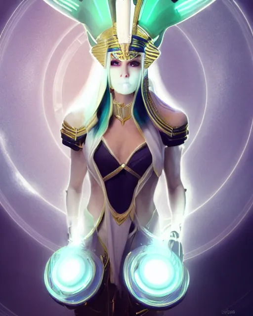 Image similar to perfect white haired attractive egyptian goddess, warframe armor, pharaoh headdress, beautiful, symmetric, dreamy, half asian, pretty face, green eyes, charlize theron, detailed, scifi platform, laboratory, experiment, 4 k, ultra realistic, epic lighting, android body, illuminated, cinematic, masterpiece, art by akihito tsukushi, voidstar