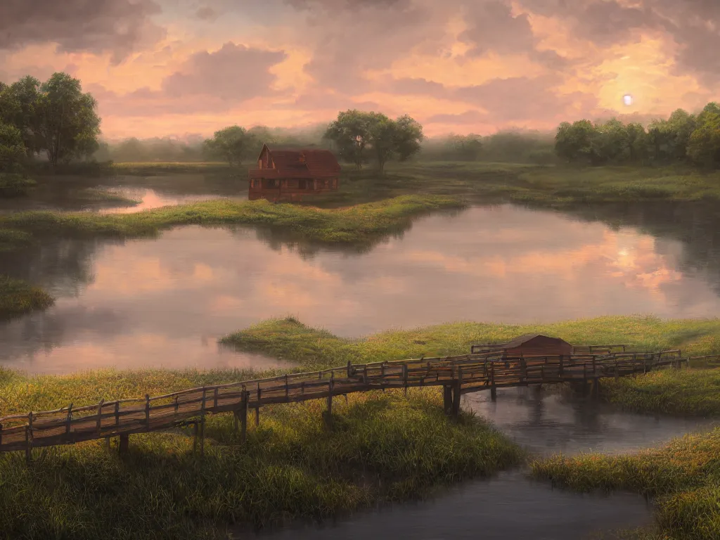 Prompt: a oil painting of a serene landscape with a singular wooden house, a bridge over river, at sunrise, concept art, octane render, unreal engine 5, trending on deviantart, highly detailed, high quality, oil painting, digital painting, masterpiece, hyperrealistic, breathtaking landscape, soft lighting, godrays, complementary colors, natural lighting