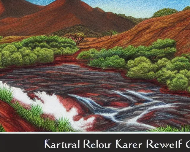 Prompt: A colored pencil drawing of Karkloof Nature Reserve with a river of red wine, very detailed, realistic