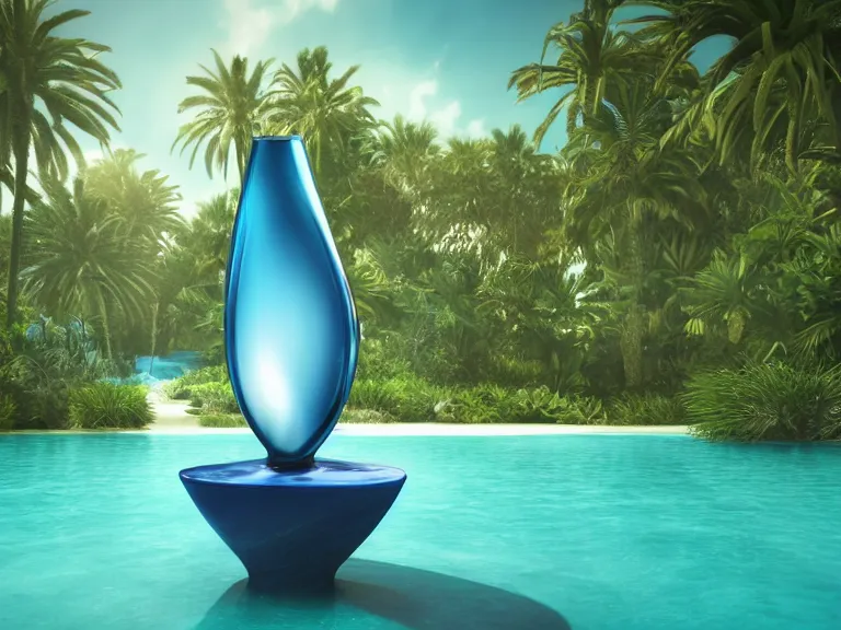 Image similar to perfume bottle standing in a desert oasis in deep blue pond water surrounded by tropical flora by zaha hadid ; octane highly render, 4 k, ultra hd, 2 0 0 mm, mute dramatic colours, soft blur outdoor stormy sea background, volumetric lighting