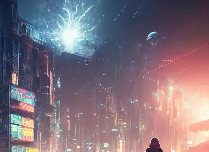 Image similar to girl staring at a meteorite hitting a floating cyberpunk city at night by wlop, key visual, high detail, digital art