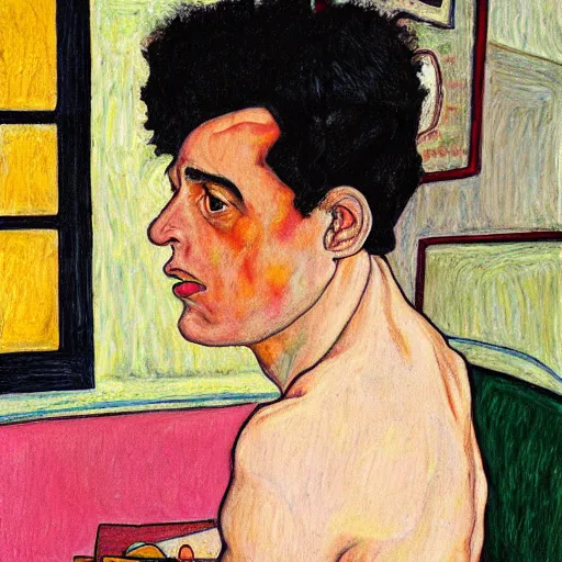 Prompt: a wide angle fine art painting of man with black hair using a weed grinder, rolling papers and a table lamp, high contrast, inspired by the styles of wes anderson, and egon schiele and ( edward hopper ), toned orange and pastel pink