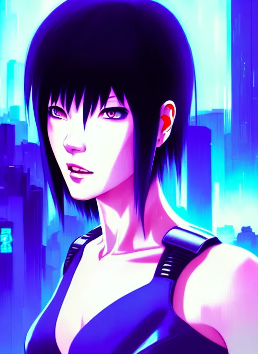 Prompt: a film still portrait of a motoko kusanagi ghost in the shell, finely detailed features, closeup at the faces, perfect art, at a cyberpunk city, gapmoe yandere grimdark, trending on pixiv fanbox, by ilya kuvshinov, rossdraws, artgerm