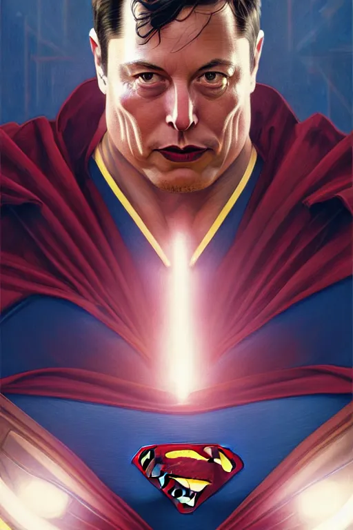 Image similar to elon musk as superman, realistic portrait, symmetrical, highly detailed, digital painting, artstation, concept art, smooth, sharp focus, illustration, cinematic lighting, art by artgerm and greg rutkowski and alphonse mucha