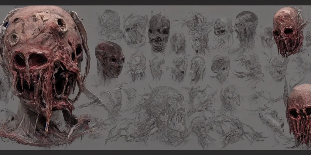 Image similar to flesh and bones mask design, character sheet, Moebius, Greg Rutkowski, Zabrocki, Karlkka, Jayison Devadas, Phuoc Quan, trending on Artstation, 8K, ultra wide angle, zenith view, pincushion lens effect.