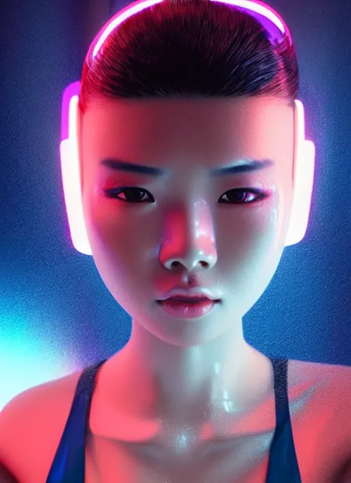 Image similar to a glamorous asian female humanoid with freckled cheeks, cyber neon lighting, futurism, cyberpunk glossy white latex swimsuit, profile posing, hyper photorealistic, crispy quality, digital photography, trending in artstation, trending in pinterest, cinematic, 4 k ultra hd, art by pascal blanche, art by greg rutkowski,